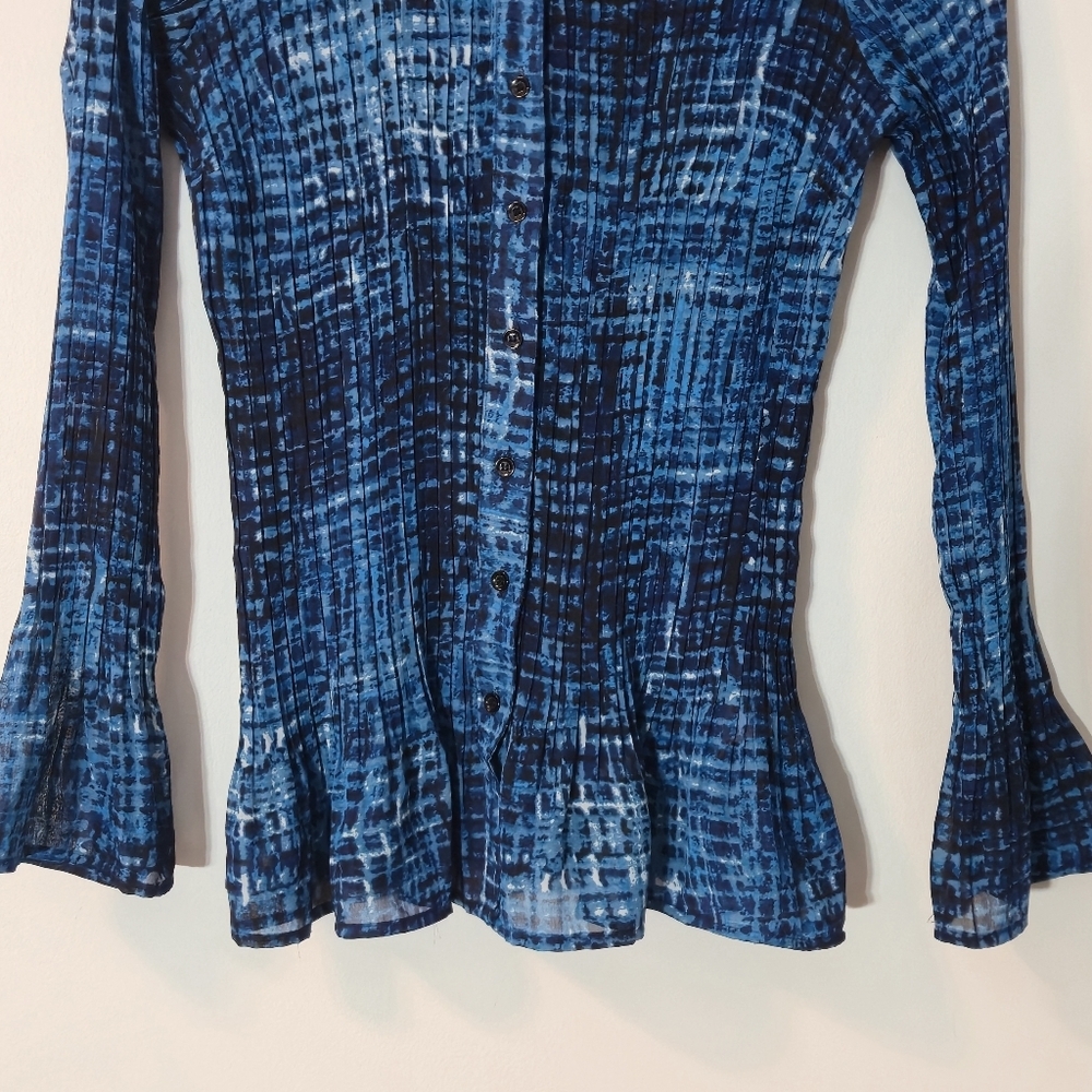 Addition Elle Sz 16 Abstract Button-Up Blouse Pleated Flared Sleeves Royal Blue - Picture 3 of 16